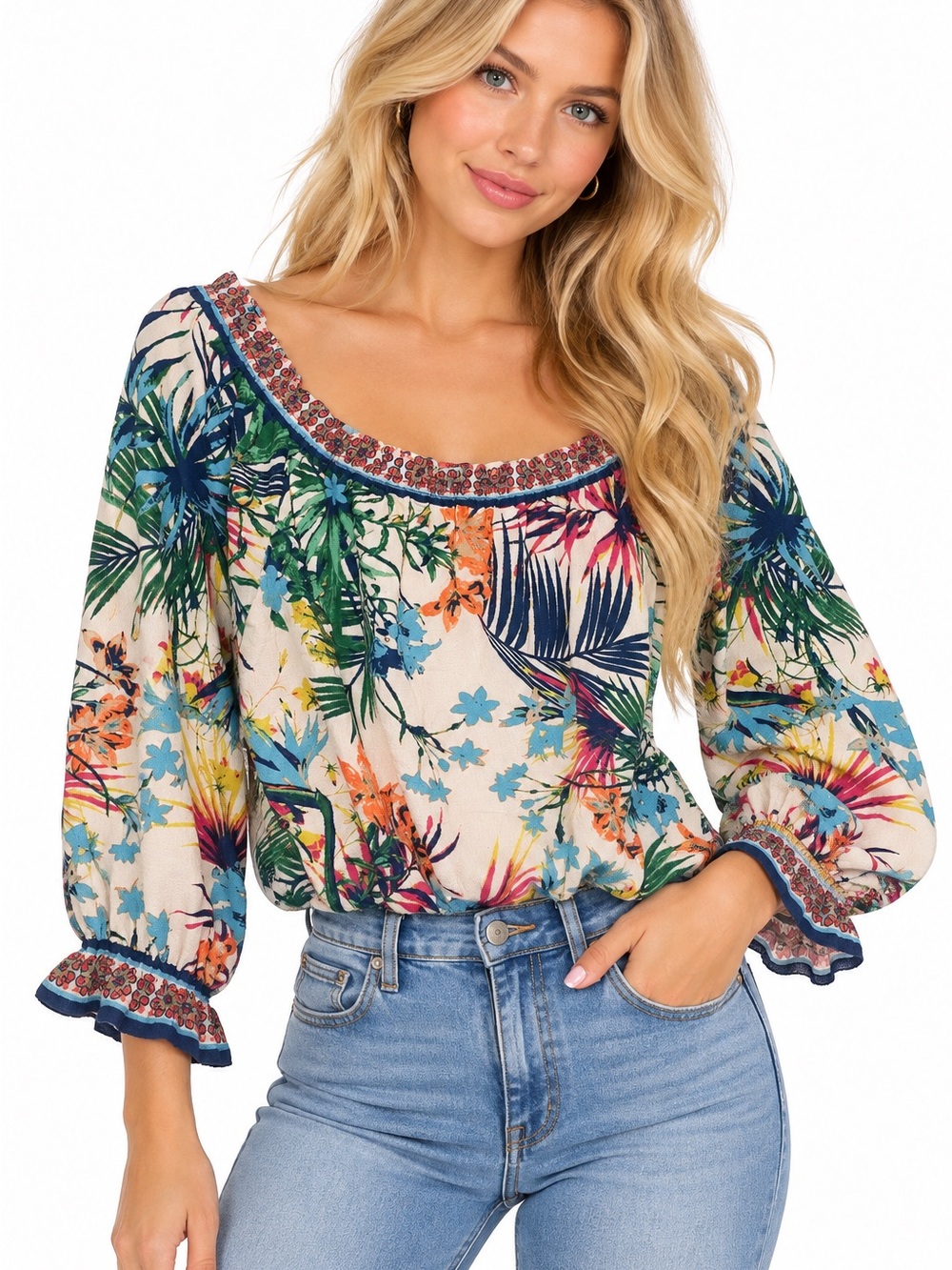 Flying Tomato Size Large Floral Scoop Neck Peasant Blouse - Multicolor